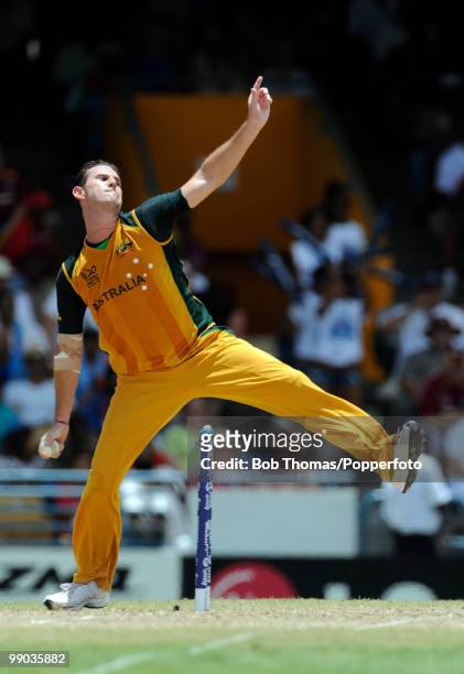 Shaun Tait of Australia bowls during the ICC World Twenty20 Super Eight match between Australia and India at the Kensington Oval on May 7, 2010 in...