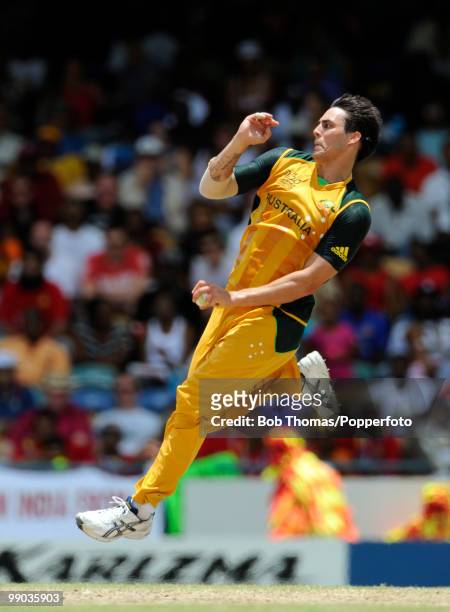 Mitchell Johnson of Australia bowls during the ICC World Twenty20 Super Eight match between Australia and India at the Kensington Oval on May 7, 2010...