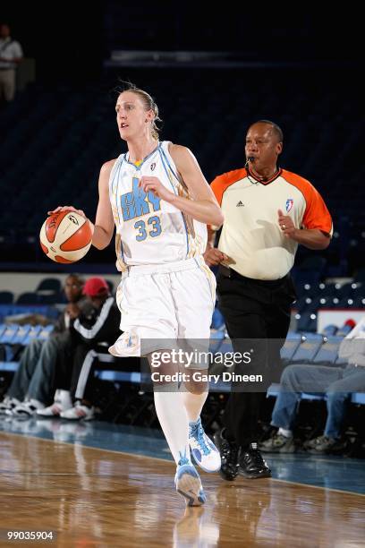 Catherine Kraayeveld of the Chicago Sky drives the ball up court during the preseason WNBA game against the Minnesota Lynx on May 6, 2010 at the...