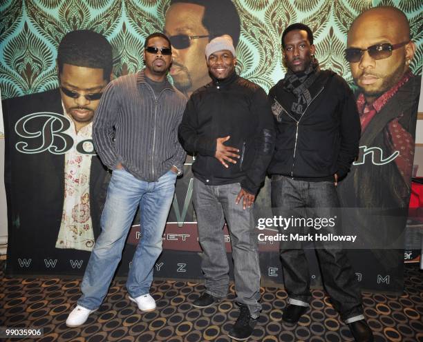 Shawn Stockman, Wanya Morris and Nathan Morris of Boyz II Men pose backstage at O2 Academy on May 11, 2010 in Bournemouth, England.