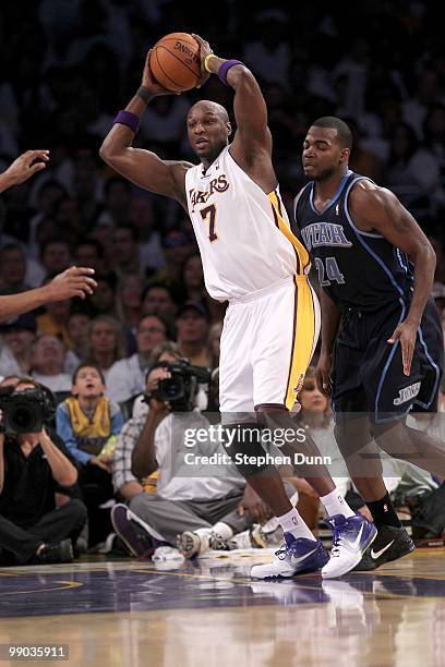 Lamar Odom of the Los Angeles Lakers controls the ball against the Utah Jazz during Game One of the Western Conference Semifinals of the 2010 NBA...