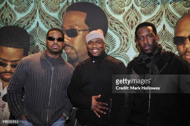 Shawn Stockman, Wanya Morris and Nathan Morris of Boyz II Men pose backstage at O2 Academy on May 11, 2010 in Bournemouth, England.