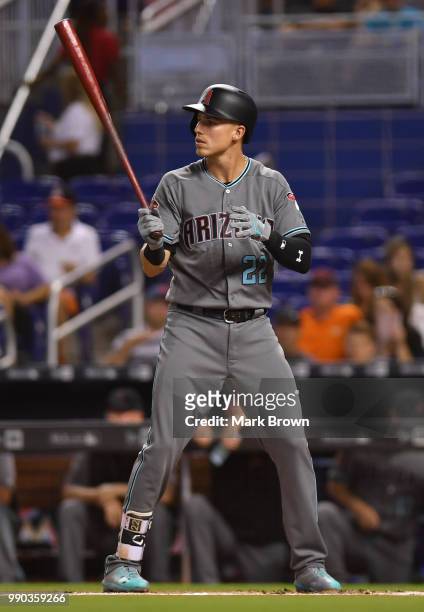 Jake Lamb of the Arizona Diamondbacks in action batting during the game against the Miami Marlins at Marlins Park on June 26, 2018 in Miami, Florida.
