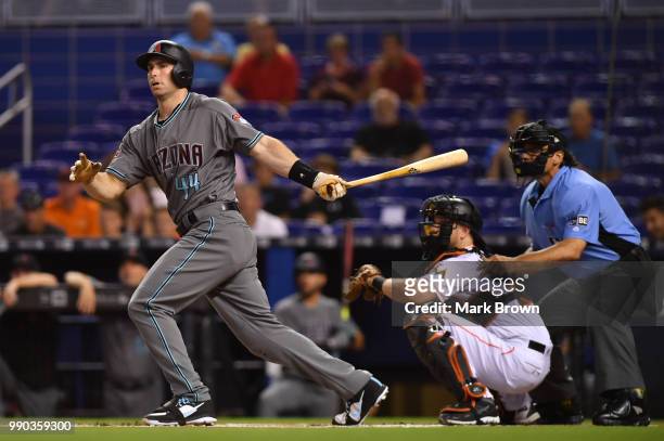 Paul Goldschmidt of the Arizona Diamondbacks in action batting during the game against the Miami Marlins at Marlins Park on June 26, 2018 in Miami,...