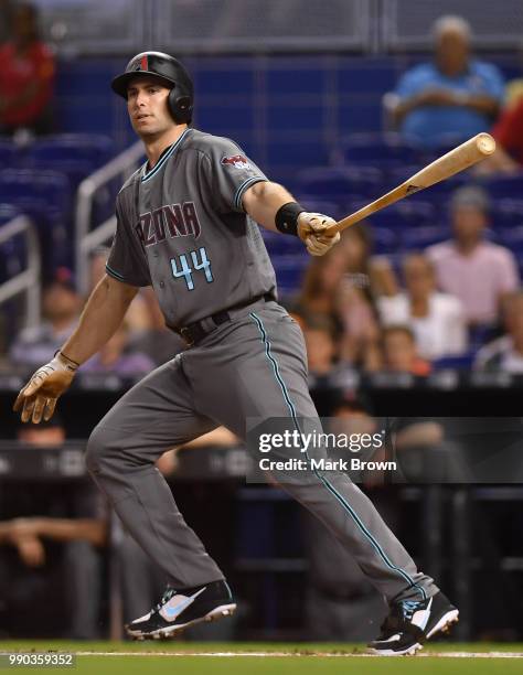 Paul Goldschmidt of the Arizona Diamondbacks in action batting during the game against the Miami Marlins at Marlins Park on June 26, 2018 in Miami,...