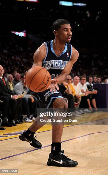 Ronnie Price of the Utah Jazz controls the ball against the Los Angeles Lakers during Game One of the Western Conference Semifinals of the 2010 NBA...