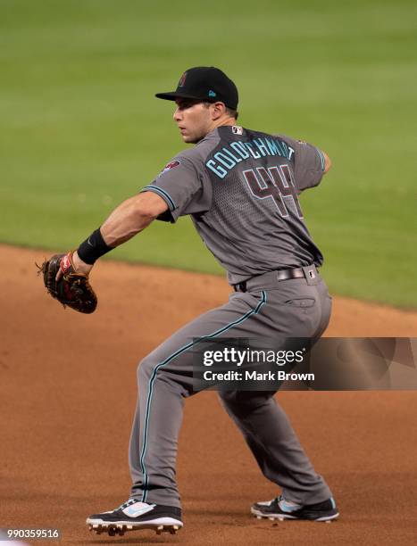 Paul Goldschmidt of the Arizona Diamondbacks in action at first base during the game against the Miami Marlins at Marlins Park on June 26, 2018 in...