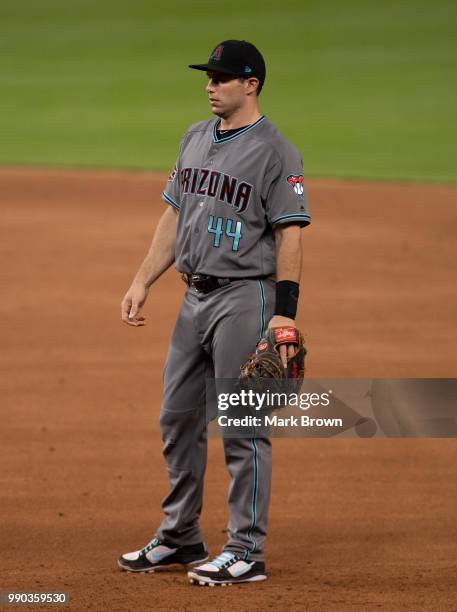 Paul Goldschmidt of the Arizona Diamondbacks in action at first base during the game against the Miami Marlins at Marlins Park on June 26, 2018 in...