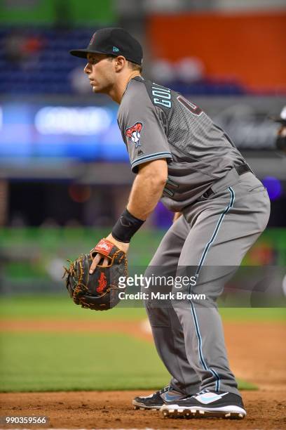 Paul Goldschmidt of the Arizona Diamondbacks in action at first base during the game against the Miami Marlins at Marlins Park on June 26, 2018 in...