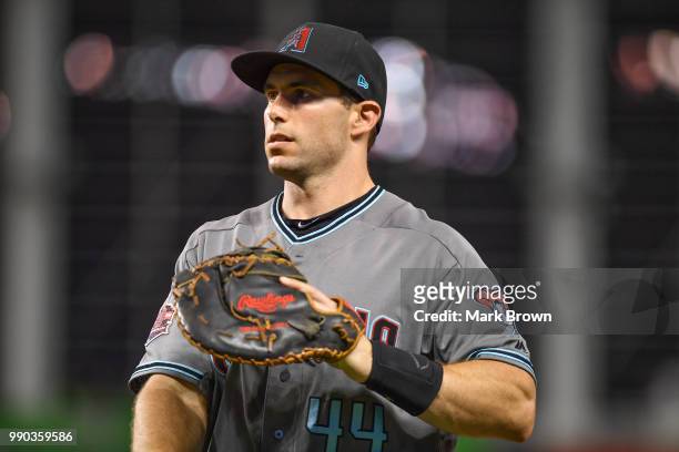 Paul Goldschmidt of the Arizona Diamondbacks in action at first base during the game against the Miami Marlins at Marlins Park on June 26, 2018 in...