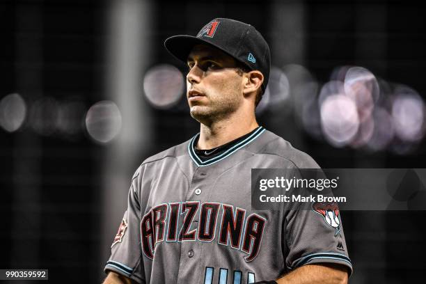 Paul Goldschmidt of the Arizona Diamondbacks in action at first base during the game against the Miami Marlins at Marlins Park on June 26, 2018 in...