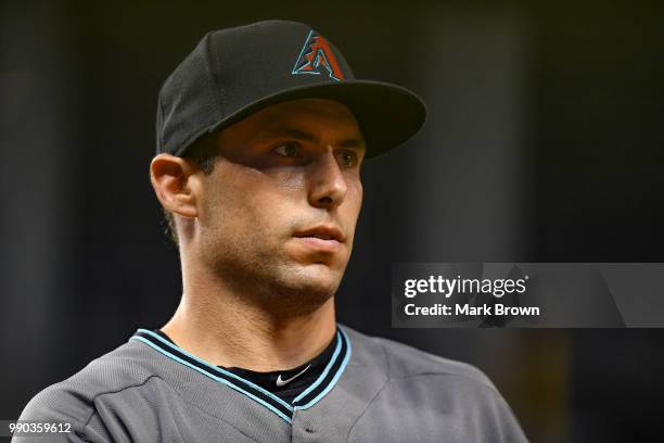 Paul Goldschmidt of the Arizona Diamondbacks in action at first base during the game against the Miami Marlins at Marlins Park on June 26, 2018 in...