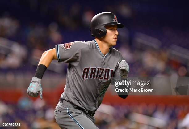 Jake Lamb of the Arizona Diamondbacks in action during the game against the Miami Marlins at Marlins Park on June 26, 2018 in Miami, Florida.