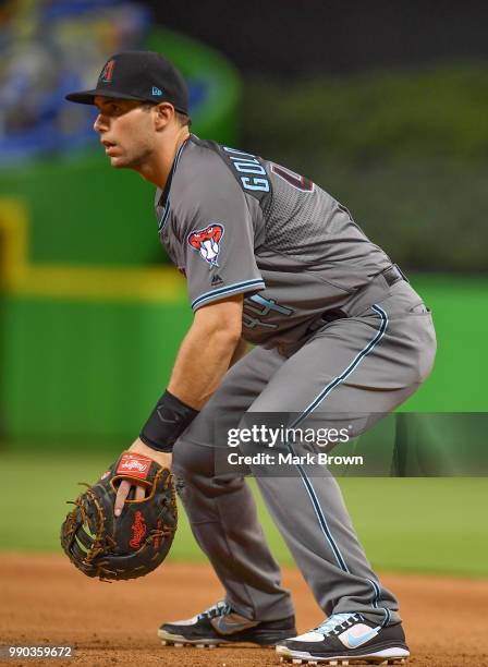 Paul Goldschmidt of the Arizona Diamondbacks in action at first base during the game against the Miami Marlins at Marlins Park on June 26, 2018 in...