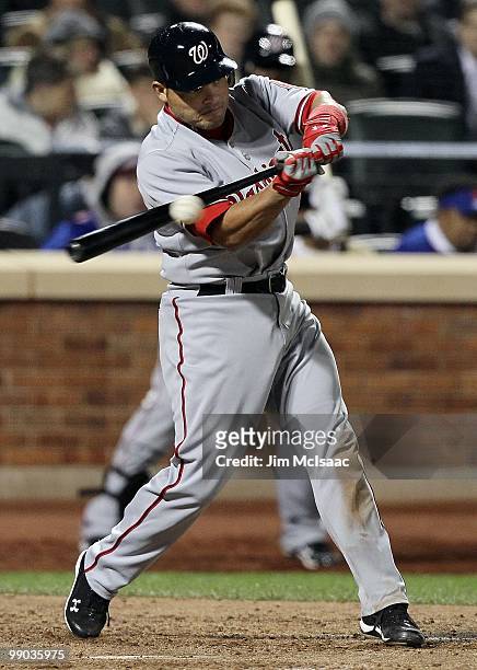 Ivan Rodriguez of the Washington Nationals bats against the New York Mets on May 10, 2010 at Citi Field in the Flushing neighborhood of the Queens...