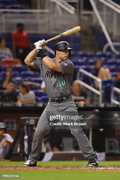 Paul Goldschmidt of the Arizona Diamondbacks in action during the game against the Miami Marlins at Marlins Park on June 26, 2018 in Miami, Florida.