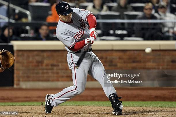 Josh Willingham of the Washington Nationals connects on a eighth inning base hit against the New York Mets on May 10, 2010 at Citi Field in the...