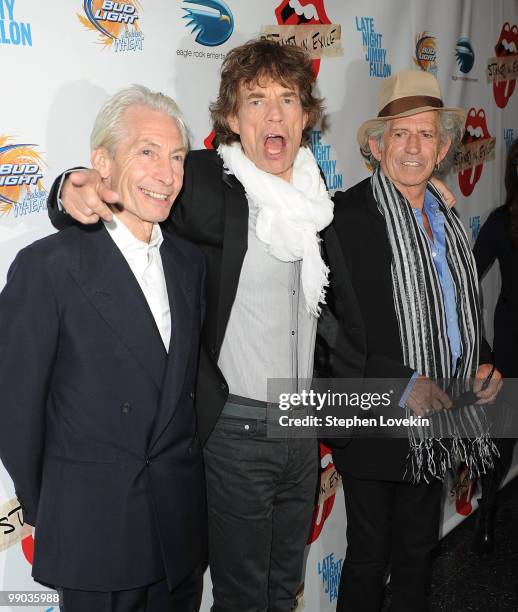 Musician Charlie Watts, singer Mick Jagger, and musician Keith Richards of The Rolling Stones attend the re-release of The Rolling Stones' "Exile on...