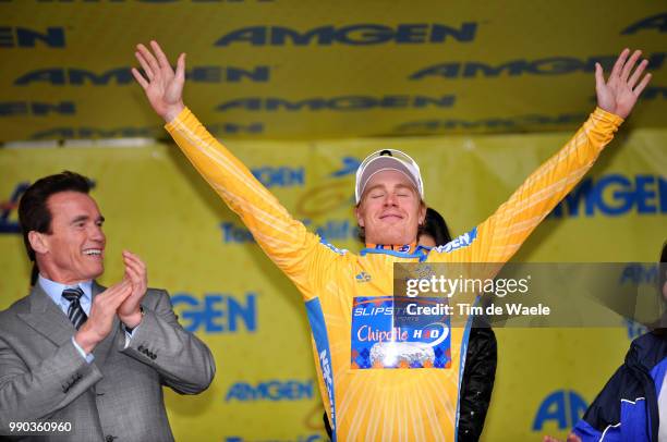 Tour Of California, Stage 2Podium, Tyler Farrar Yellow Jersey Celebration Joie Vreugde, Arnold Schwarzenegger Gouverneur California Usa /Santa Rosa -...