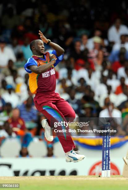 Kemar Roach of the West Indies bowls during the ICC World Twenty20 Super Eight match between West Indies and Sri Lanka at the Kensington Oval on May...