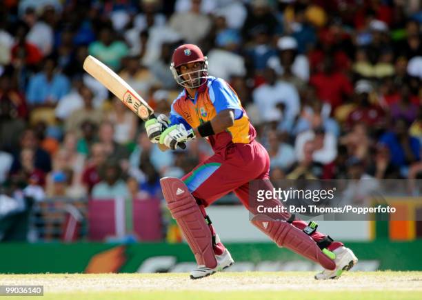 Dwayne Bravo of the West Indies bats during the ICC World Twenty20 Super Eight match between West Indies and Sri Lanka at the Kensington Oval on May...