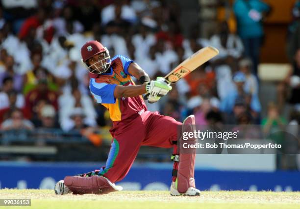 Dwayne Bravo of the West Indies bats during the ICC World Twenty20 Super Eight match between West Indies and Sri Lanka at the Kensington Oval on May...