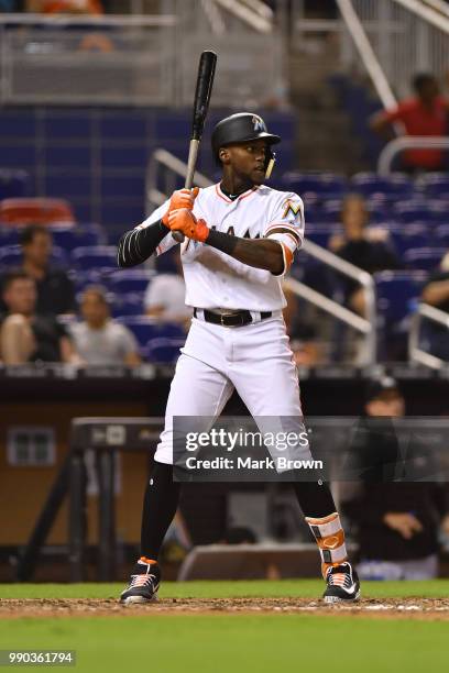 Cameron Maybin of the Miami Marlins in action during the game against the Arizona Diamondbacks at Marlins Park on June 26, 2018 in Miami, Florida.