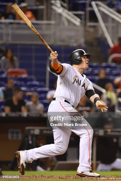 Justin Bour of the Miami Marlins in action during the game against the Arizona Diamondbacks at Marlins Park on June 26, 2018 in Miami, Florida.