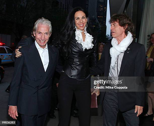 Rolling Stones drummer Charlie Watts, L'Wren Scott, and Mick Jagger attend the re-release of The Rolling Stones' "Exile on Main St." album at The...