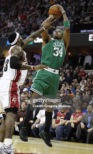 Paul Pierce of the Boston Celtics takes a jump shot over LeBron James of the Cleveland Cavaliers in Game Five of the Eastern Conference Semifinals...