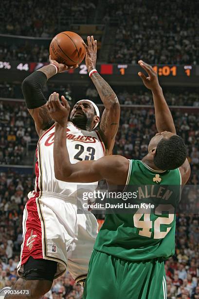 LeBron James of the Cleveland Cavaliers shoots over Tony Allen of the Boston Celtics in Game Five of the Eastern Conference Semifinals during the...