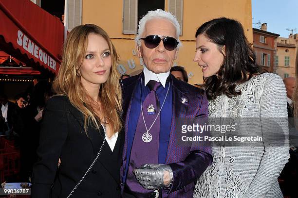 Singer Vanessa Paradis, Karl Lagerfeld and actress Anna Mouglalis pose during the Chanel Cruise Collection Presentation on May 11, 2010 in...