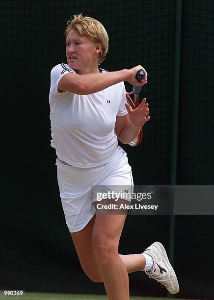 Elena Baltacha of Great Britain on her way to victory over Matea Mezak of Croatia during the girl's third round of The All England Lawn Tennis...