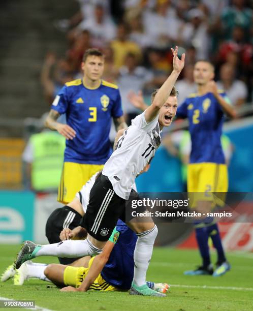 Marco Reus of Germany celebrates as he scores the goal 1:1 during the 2018 FIFA World Cup Russia group F match between Germany and Sweden at Fisht...