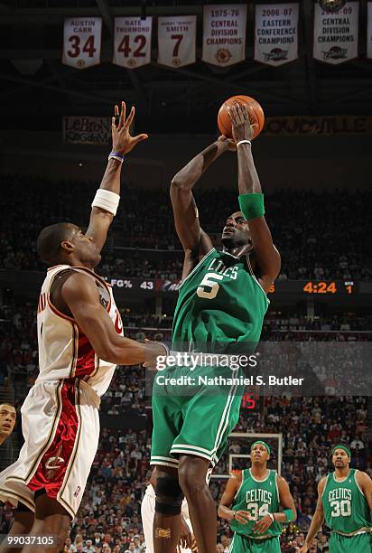 Kevin Garnett of the Boston Celtics shoots against Antawn Jamison of the Cleveland Cavaliers in Game Five of the Eastern Conference Semifinals during...