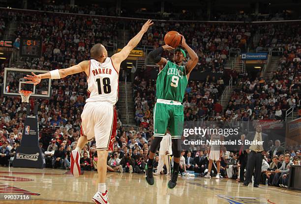 Rajon Rondo of the Boston Celtics shoots against Anthony Parker of the Cleveland Cavaliers in Game Five of the Eastern Conference Semifinals during...