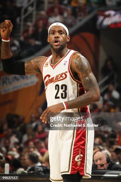 LeBron James of the Cleveland Cavaliers plays against the Boston Celtics in Game Five of the Eastern Conference Semifinals during the 2010 NBA...