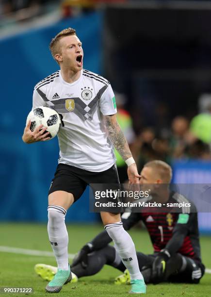 Marco Reus of Germany celebrates as he scores the goal 1:1 Robin Olsen of Sweden during the 2018 FIFA World Cup Russia group F match between Germany...