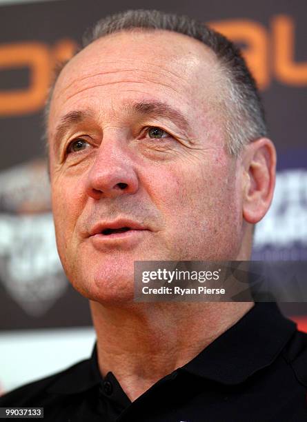 Tim Sheens, coach of the Wests Tigers speaks during a Wests Tigers NRL press conference at Trend Micro Offices on May 12, 2010 in Sydney, Australia....