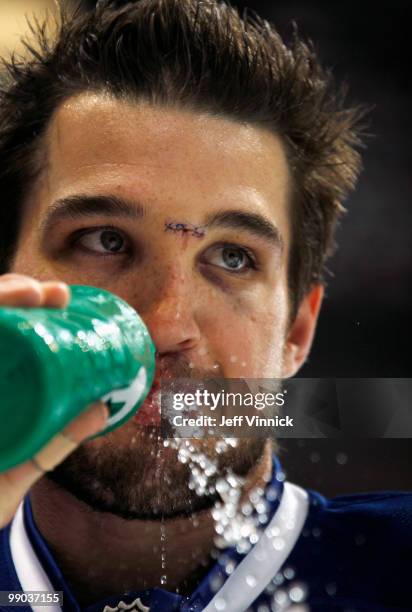 Shane O'Brien of the Vancouver Canucks sports a fresh cut for Game 6 of the Western Conference Semifinals during the 2010 Stanley Cup Playoffs at...