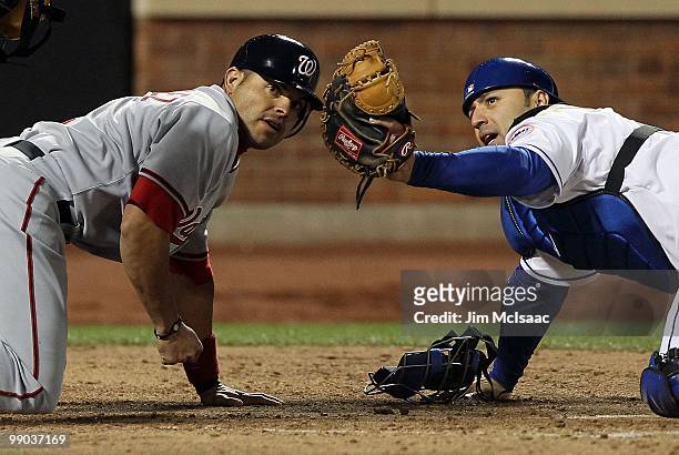 Ivan Rodriguez of the Washington Nationals is tagged out at the plate by Rod Barajas of the New York Mets to end the sixth inning on May 10, 2010 at...
