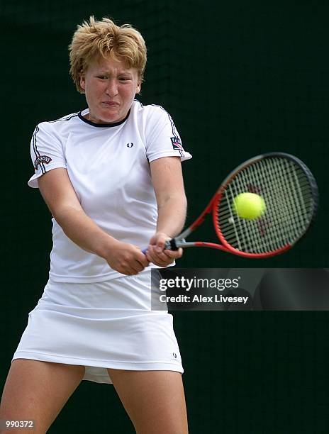 Elena Baltacha of Great Britain on her way to victory over Matea Mezak of Croatia during the girl's third round of The All England Lawn Tennis...