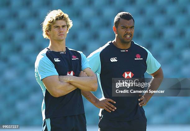 Berrick Barnes and Kurtley Beale of the Waratahs look on during a Waratahs Super 14 training session at Sydney Football Stadium on May 12, 2010 in...