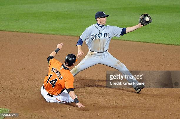 Josh Wilson of the Seattle Mariners forces out Nolan Reimold of the Baltimore Orioles to start a double play at Camden Yards on May 11, 2010 in...