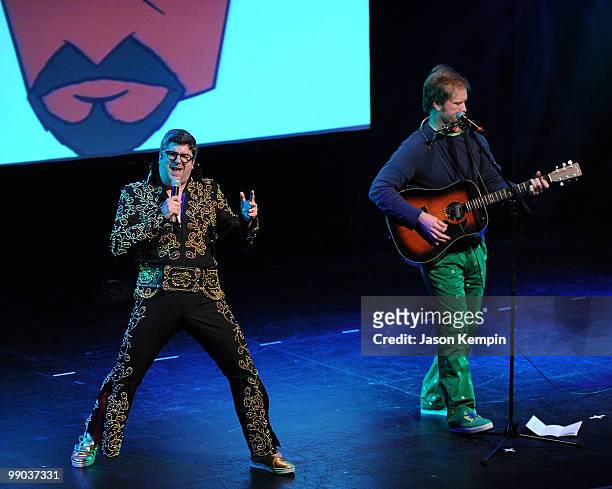 Comedians Dave Willis and Dana Snyder perform during Adult Swim Presents: Aqua Teen Hunger Force Live at the Nokia Theatre on May 11, 2010 in New...