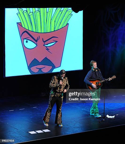 Comedians Dave Willis and Dana Snyder perform during Adult Swim Presents: Aqua Teen Hunger Force Live at the Nokia Theatre on May 11, 2010 in New...