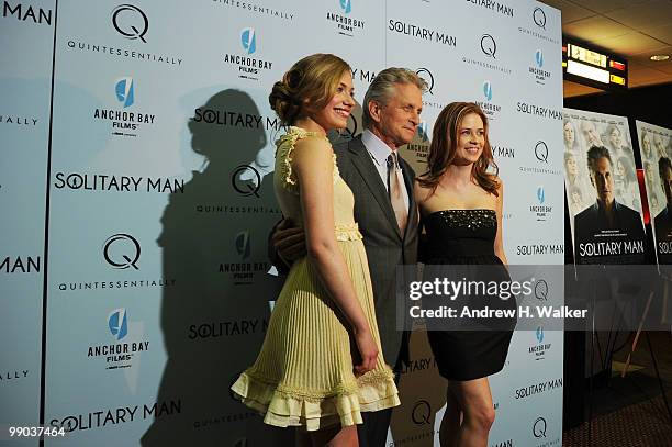 Actress Imogen Poots, actor Michael Douglas and actress Jenna Fischer attend the premiere of "Solitary Man" at Cinema 2 on May 11, 2010 in New York...