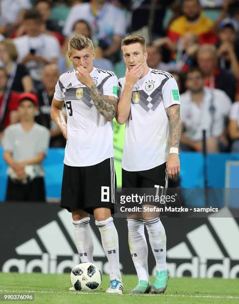 Toni Kroos of Germany Marco Reus of Germany during the 2018 FIFA World Cup Russia group F match between Germany and Sweden at Fisht Stadium on June...