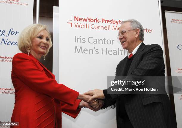 Philanthropist, Iris Cantor and President and CEO, New York-Presbyterian Hospital, Dr. Herbert Pardes attends the announcement of a $20 million gift...