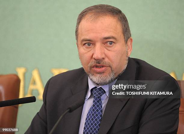 Visiting Israeli deputy Prime Minister and Foreign Minister Avigdor Lieberman attends a press conference at the Japan National Press Club in Tokyo on...